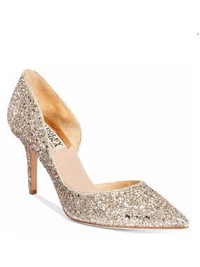 AUTHENTIC BADGLEY MISCHKA GOLD SPARKLE DAISY D’ORSAY PUMP HEELS SIZE 6